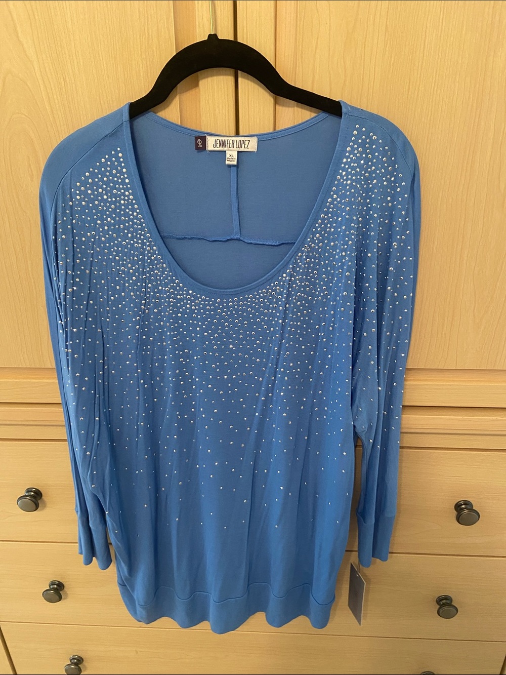 Jennifer Lopez Light Blue Embellished Scoop Neck Sweatshirt